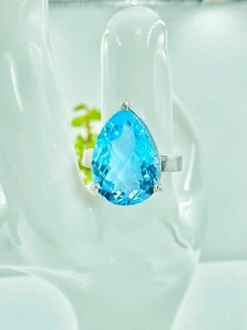 Swiss Blue Topaz Gemstone Ring 925 Silver Engagement Ring Pear Cut Faceted Ring - Picture 1 of 6