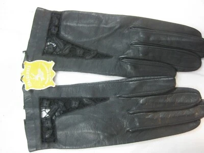 Guantes de cuero negros para niños hasta la muñeca con inserción de encaje talla 6,5 ¡Nunca usados! Usado Foto 1 de 4