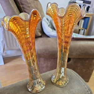 Pair of Carnival vase's 1920s lustre orange pink flare England 23cm vintage - Picture 1 of 3