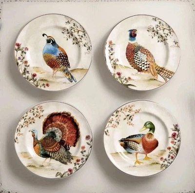 Pottery Barn S/4 Mixed Botanical Harvest Bird Salad Plates 8.5" Thanksgiving - Image 1 of 4