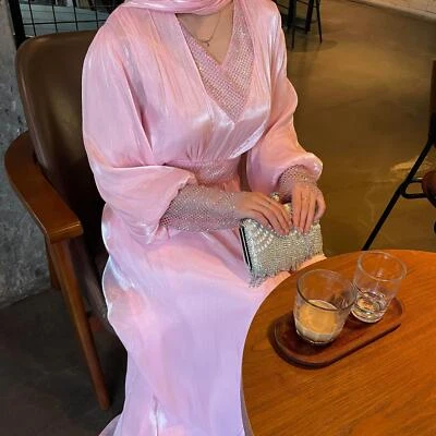 Elegante Conjunto de Vestido Largo Caftán Abierto para Mujer 4 Piezas Abaya Pavo Gasa Caftán Foto 1 de 4