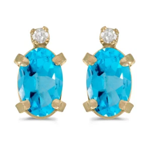 14k Yellow Gold Oval Blue Topaz And Diamond Earrings - Picture 1 of 2
