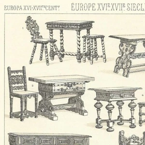 Europe XVIe XVIIe - Ameublement civil Tables et sièges - Gravure de presse 1888 - Picture 1 of 3