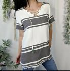 Dolce Vita Gray &amp; White  Striped Fringed Lace Up Women&#39;s Tunic Top Size S NEW #C
