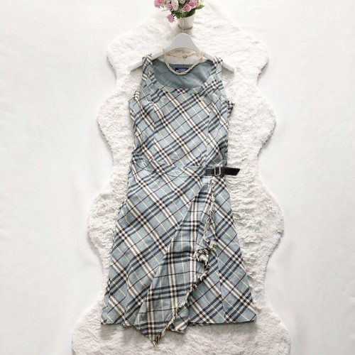 Abito Burberry blu etichetta a quadri Y2K misto cotone taglia 36