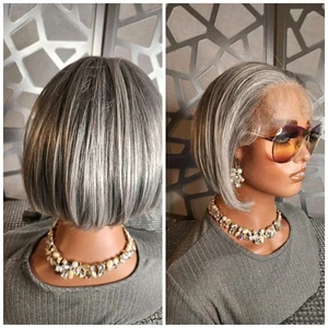 100% Human Hair Wig Gray Wig Short Straight Wig Freeparting 13x6 Grey Hair Wig - Picture 1 of 10