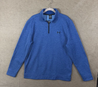 安德玛高尔夫抓绒毛衣男式 XL 蓝色条纹 1/4 拉链防水驱虫剂全新带标签 — 第 1/4 张图片