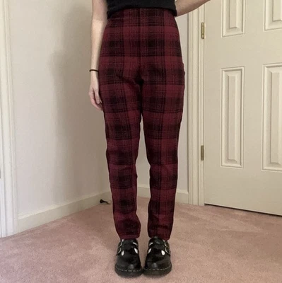 Burgundy and Black Plaid High Waisted Leggings Women's - Image 1 of 4