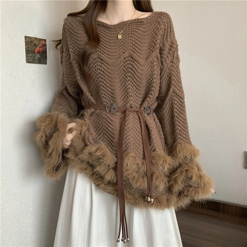 Nuevo suéter de punto de felpa hueco para mujer talla grande manga larga cubierta superior Foto 1 de 4