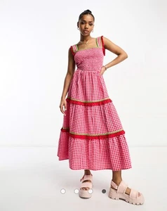 Neon Rose Asos Gingham Dress Size Small Pink Red Ruffles - Imagen 1 de 10