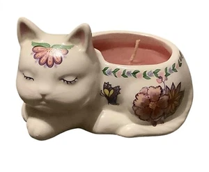 Candelabro Floral Gatito Gato Cerámica Con Vela Rosa NUEVO Mariposa 4"x2.5" - Imagen 1 de 8
