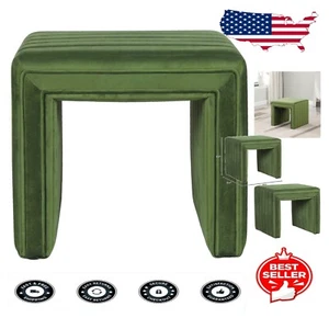Plush Green Velvet Footstool with Tufted Design - 250 lb Weight Capacity Ottoman - Picture 1 of 10