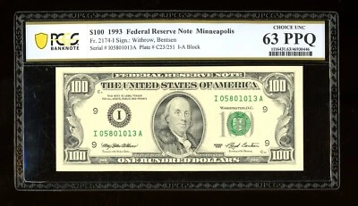 DBR 1993 $100 FRN Minneapolis Fr. 2174-I PCGS-B 63 PPQ Serial I05801013A - Image 1 of 2