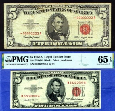 FANCY low # 00002222* quad ** STAR ** + 22220000 quad $5 RED SEAL legal tender - Image 1 of 4