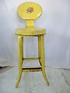VINTAGE ANTIQUE YELLOW METAL KITCHEN STOOL WITH BACK SUPPORT 1940's - 1950's - Picture 1 of 8