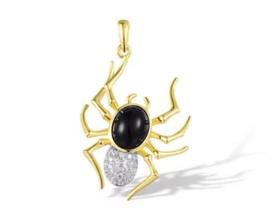Spider Pendant 925 Sterling Silver Black Agate Created Stone CZ Gold Plated - Picture 1 of 4
