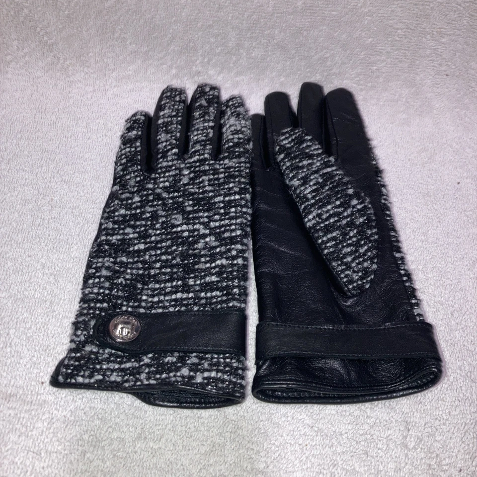 Calvin Klein Black Leather Tweed Fleece Lined Ladies Gloves Turnlock Detail Sz S - Image 1 of 4