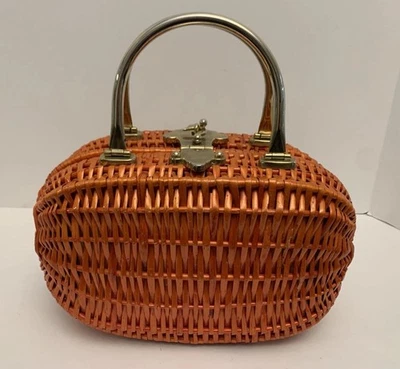BOLSO DE MANO VINTAGE AÑOS 60 KORET ITALIA NARANJA MIMBRE RATÁN TEJIDO MCM DIFÍCIL DE ENCONTRAR MONEDERO Foto 1 de 4