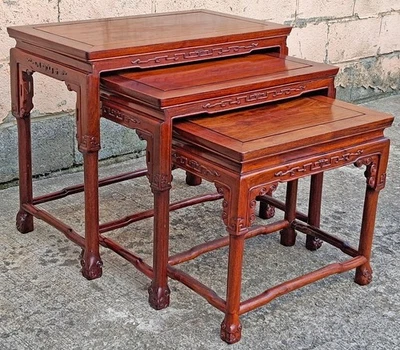 Set of Vintage Chinese Oriental Solid Rosewood Nesting Nested Accent Side Tables - Image 1 of 4
