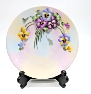 Vintage bayrischer handbemalter Teller lila gelb Stiefmütterchen signiert vom Künstler MEAD - Bild 1 von 10