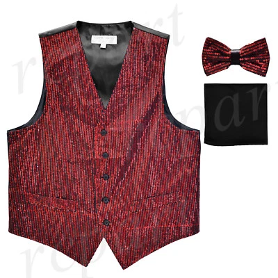New formal Men Sequins Burgundy Tuxedo vest Waistcoat_bowtie & black hankie  - Image 1 of 4