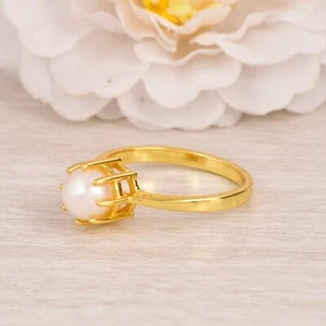 Pearl Gemstone Yellow Gold Plated Ring Jewelry For Wedding & Engagement Gift - Picture 1 of 13