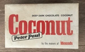 Scatola caramelle vintage Peter Paul Mounds cioccolato cocco con coperchio usata originale anni 40 - Foto 1 di 8