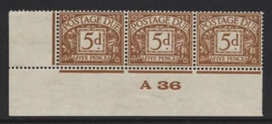 1936 5d BROWNISH CINNAMON POSTAGE DUE KEVIII WMK CONTROL STRIP OF THREE. SG D24 - Picture 1 of 1