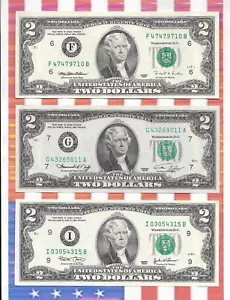 3 Diff. U.S. $2 FRNs, Lot A, Dates: 1976, 1995, and 2003, Lightly Circulated - Picture 1 of 2
