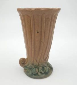 Vintage McCoy Pottery Leaves & Berries RUSTIC Brown Green Cornucopia Vase - Picture 1 of 4