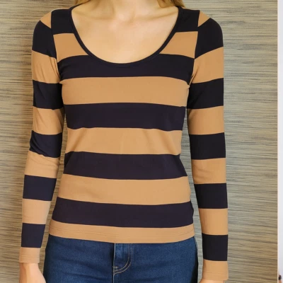 Blusa Camisa Top H&M Básica Para Mujer Pequeña Manga Larga Marrón Azul Cuello Redondo Foto 1 de 4