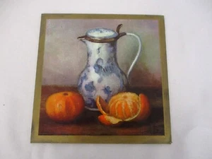 BONITA PINTURA VINTAGE BODEGONES DE JARRA AZUL Y NARANJAS CARTÓN TRIVET - Imagen 1 de 2