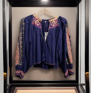 Womens NWT Free People Embroidered Peasant Shirt Tunic Balloon Sleeves Large - Picture 1 of 11