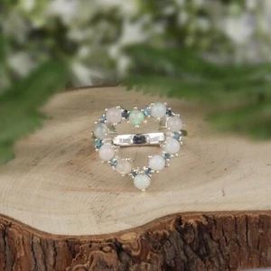 Blue Topaz and Opal Heart Ring 925 Sterling Silver Engagement Ring For Her - Picture 1 of 4