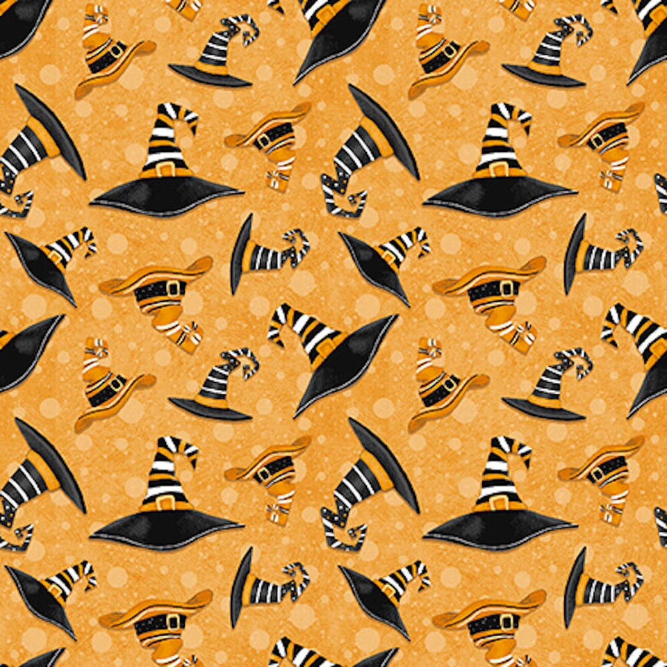 Sombreros negros brillantes Henry Glass Nights of Olde Salem tela naranja por yarda Foto 1 de 1