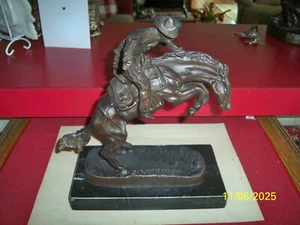 Vintage Frederic Remington Statue Bronco Buster Bronze Marble Cowboy - Picture 1 of 7