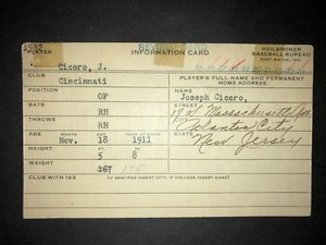 1929 RED SOX: Joe Cicero, Handwritten (Heilbroner) 3x5, D.1983