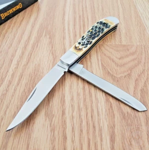 Browning Trapper Pocket Knife Stainless Steel Blades Natural Jigged Bone Handle - Picture 1 of 12