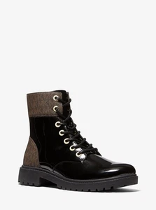 Michael Kors Alistair Boots MK Logo Patent Leather Black Combat Boot Size 6.5 - Picture 1 of 5