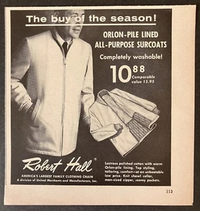 Robert Hall Orlon 1959 abrigos forrados todo uso blanco y negro anuncio impreso vintage - Imagen 1 de 2