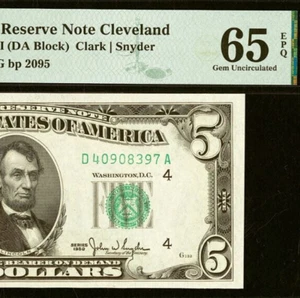 1950C $5 Federal Reserve Note PMG 65EPQ Cleveland Fr 1961-DWide II - Picture 1 of 3