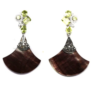 Gray Mother Of Pearl, Peridot & Cubic Zirconia Earrings 925 Sterling Silver - Picture 1 of 4