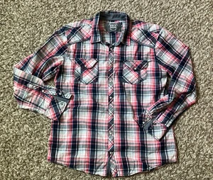BKE Western Pearl Snap Men's Shirt Size XL Standard Fit Navy Blue White Plaid - Picture 1 of 17
