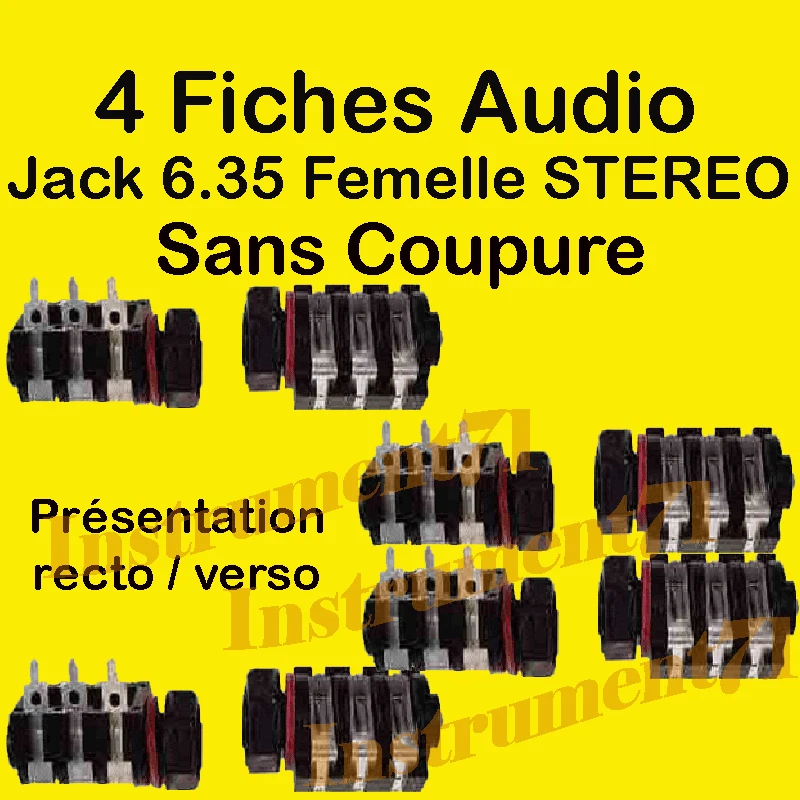 4 Fiches Jack 6,35 Femelle STEREO Chassis Capot Plastique SANS COUPURE - Photo 1/1