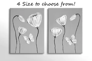 GRANDE COPPIA FIORI BIANCHI FARFALLA QUADRO ZEN TELA WALL ART STAMPA GRIGIO NUOVO - Foto 1 di 2