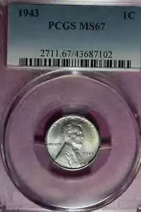 1943 PCGS MS67 LINCOLN STEEL WHEAT CENT-SEE STORE- WW1-- WW2 MEDALS -PCGS COINS - Picture 1 of 2