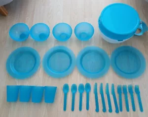 Set Of 4 Plastic Camping Plates Bowls Cups Cutlery In Carry Case For Picnics etc - Picture 1 of 10