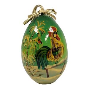 Vtg Russian Wooden Egg Lacquered Hand Painted Rooster Chicken Ornament Signed
