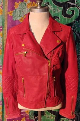 Jaqueta de motociclista feminina de couro vermelha marca Zara tamanho G grande - Imagem 1 de 4