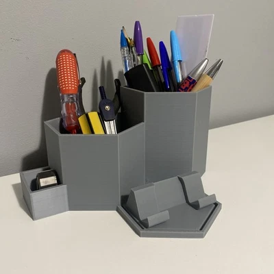 Modern hexagon Desk Organiser with Phone holder 3d printed - Image 1 of 4